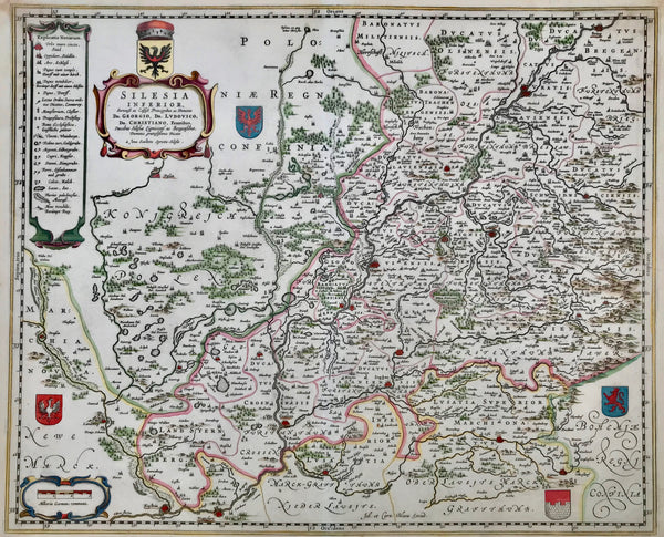 "Silesia Inferiore". Copper etching by Jonas Schulz for Johann and Corneeille Blaeu, ca 1650. Recent hand coloring.  The east-oriented map shows the region with Posen and Breslau in the east and Landsberg an der Warte in the north. Kustrin, Frankfurt an der Oder and the Lausitzer Neisse are in the west. In the south is Zittau and Liegnitz. The title cartouche is in the upper left corner. Four small coats-of-arms are scattered on the map.