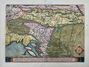 Copper engraving by August Hirschvogel forAbraham Ortelius ca 1600. Original hand coloring.  Flowing horizontally through the center of the map is the Sava River. In the upper right is a small part of the Danube River at the confluence with the Drava River. In the upper left is part of Carinthia in Austria. Villach is on the left edge of the map. The map reaches as far south as Nin and Zadar on the Adriatic coast. On half of the backside is a bit of information (in Italian) about the map.