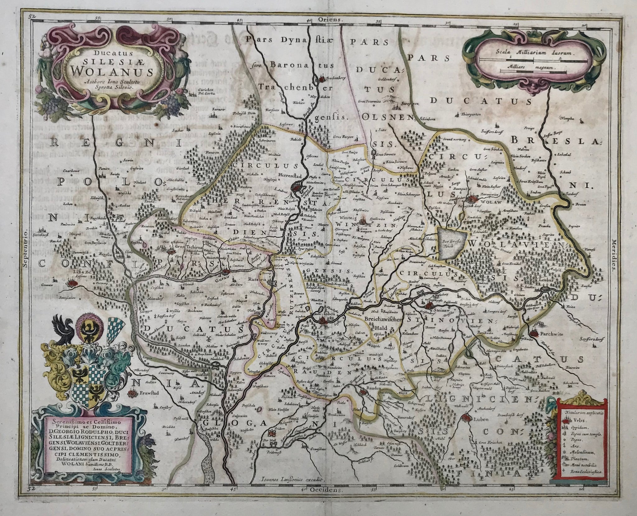 "Ducatus Silesiae Wolanus" Copper etching by Ionas Scultetus for Jan Jansson ca 1650. Original hand coloring.  This map is east oriented (north is on the left side). At the bottom of the map the Oder River "flows in" and "flows out" under the mileage legend in the upper right corner. In the lower right corner is Luben on the Kaltebach River. Above the coat-of-arms in the lower left is the town of Lissa (Leszno).