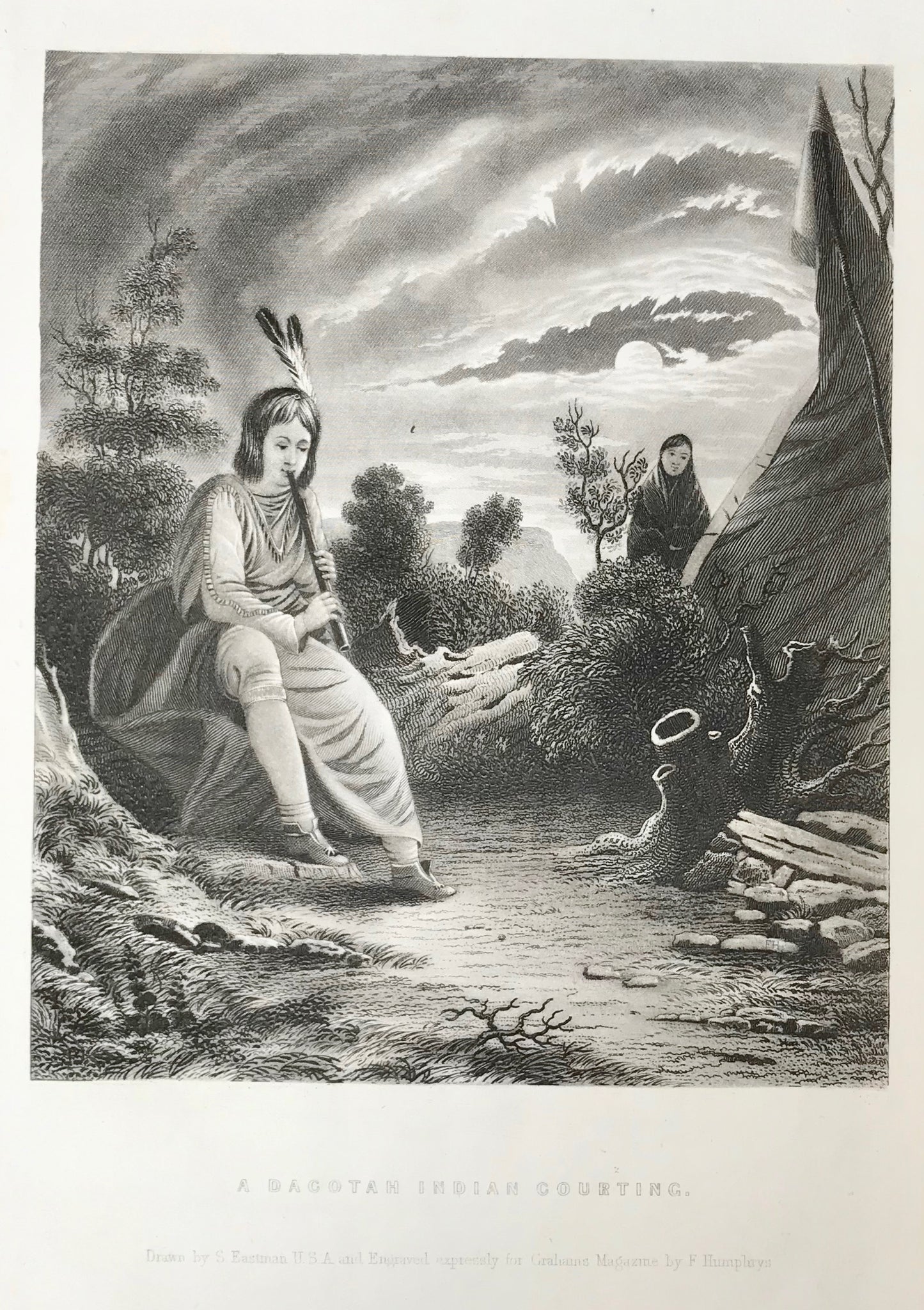 "A Dacotah Indian Courting".  Steel engraving made after the drawing by S. Eastman ca 1850.