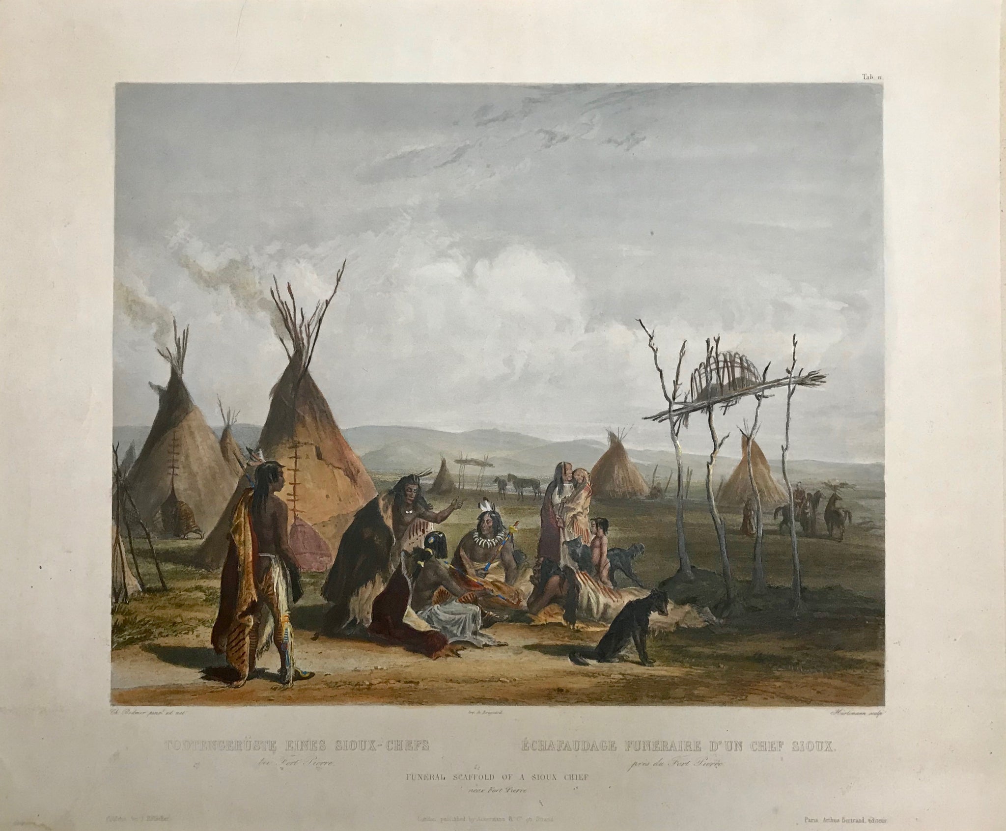 "Todtengerüste eines Sioux-Chefs bei Fort Pierre "  "Echafaudage Funeraire D'Un Chef Sioux pres du Fort Pierre"  "Funeral Scaffold of a Sioux Chief near Fort Pierre".  Aquatint etching by Huerlimann after the painting by Carl Bodmer (1809-1893)  Original hand coloring heightened with gum arabic.See details.  Published as Plate 11 in:  "Reise in das Innere Nord-America in den Jahren 1832 bis 1834"
