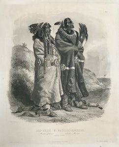 "Sih-Chidä & Mahhchsi-Karehde"  Mandan Indianer - Indiens Mandans - Mandan Indians  Aquatint etching by Hürlimann after the painting by Carl Bodmer (1809-1893)  UNCOLORED  Published as Plate 20 in:  "Reise in das Innere Nord-America in den Jahren 1832 bis 1834"