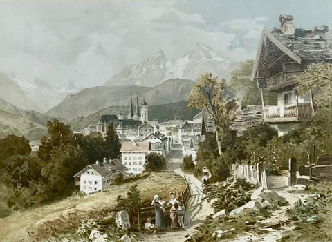 Berchtesgaden  Chromolithograph published by Wenzel and Naumann in Leipzig, ca 1895. Print has its original mounting on stiff beige backing. Light creasing on margin corners of backing.  18.1 x 24.8 cm ( 7.1 x 9.7 ")
