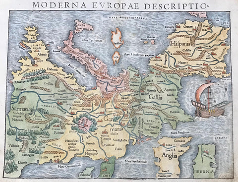 "Moderna Europae Descriptio"  Hand-colored woodcut.  Published in "Cosmographia" by Sebastian Muenster (1488-1552)  Latin edition  Basel, 1554  At the early time in printing, when Sebastian Muenster published his "Cosmographia", there was no consent among cartographers about printing maps north-oriented.