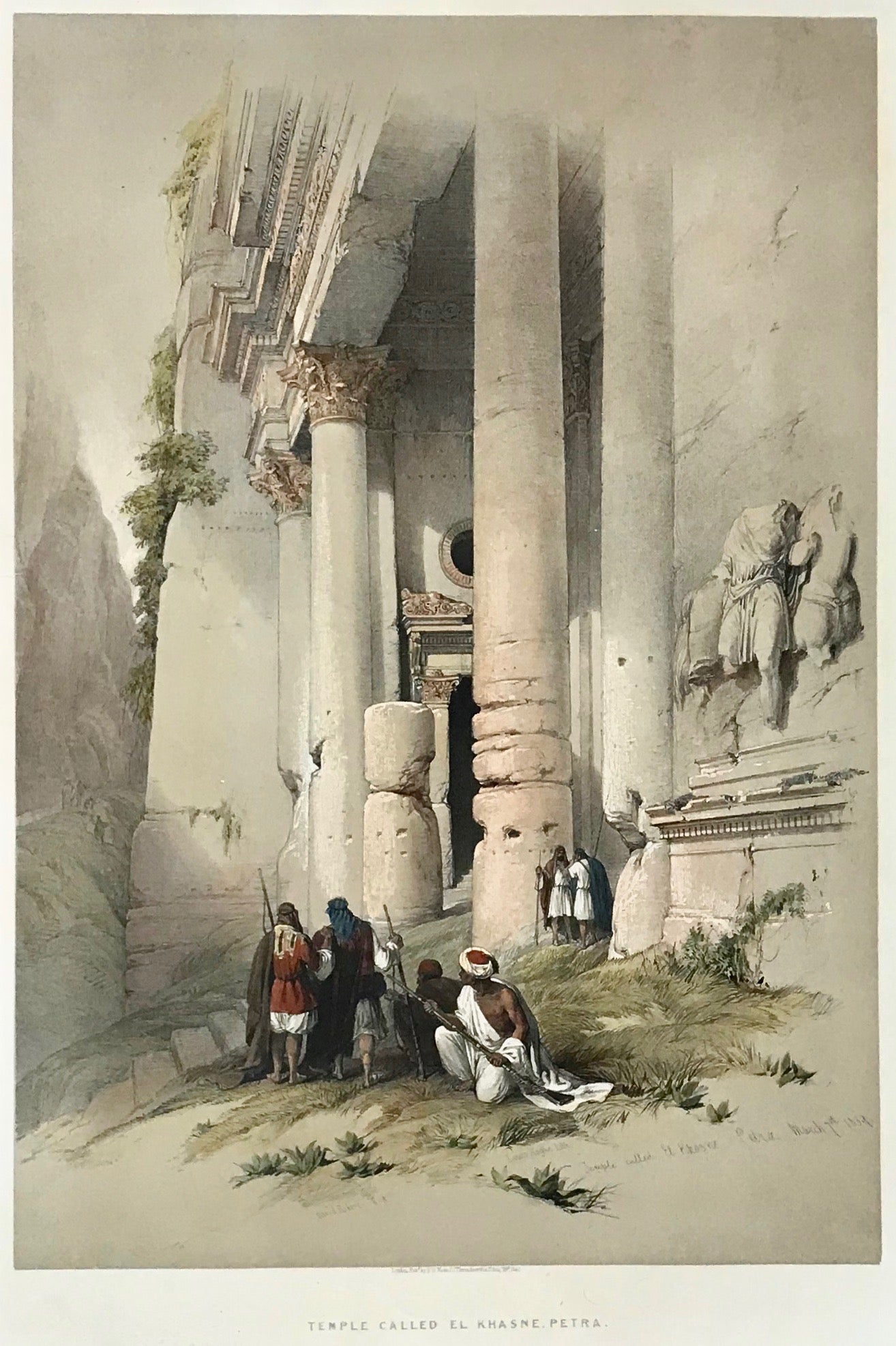 Original Antique Lithographs  by David Roberts  (1796 Edinburgh - London 1864)  "Temple called El Khasne, Petra".  Lithograph by Louis Haghe after painting by David Roberts. With background plate and finely done modern hand coloring. Titled, dated "Petra, March 7th 1839" and signed "David Roberts R.A." in plate.  Clean, very good image impression. Three margins wide, left margin narrow. Published by Moon. London, 1842.  48.8 x 33.7 cm (19.2 x 13.3")