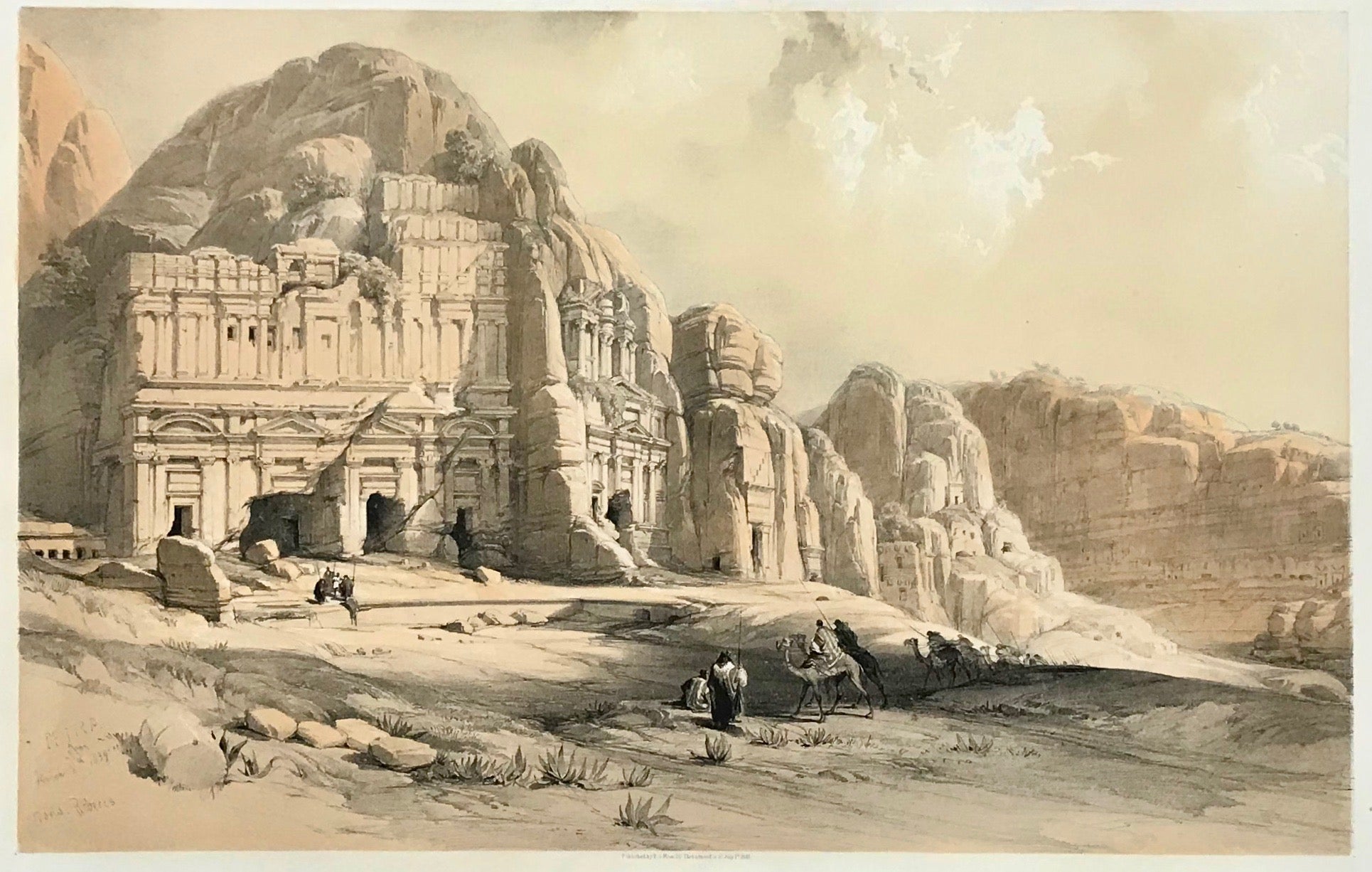 "Petra, Showing the Upper or Eastern End of the Valley"  Title is in the lower margin. Upper margin is narrower. Tiny crease in upper image.  33 x 53.4 cm ( 13 x 21 ")    Original Antique Lithographs  by David Roberts  (1796 Edinburgh - London 1864)