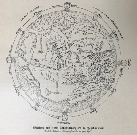 "Weltkarte aus einem Sallust Kodex fes 15. Jahrhunderts"  Wood engraving published ca 1900. Reverse side is printed.