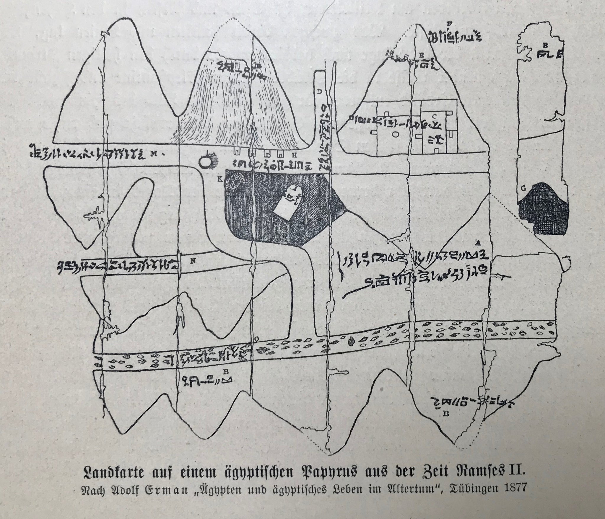 Egypt,maps, "Landkarte auf einem aegyptischen Papyrus aus der Zeit Ramses II" ( Egytian map that was made on pappyrus at the time of Ramses II )