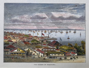 "The Harbor of Yokohama"  Wood engraving ca 1870. Backside is printed. Modern hand coloring.
