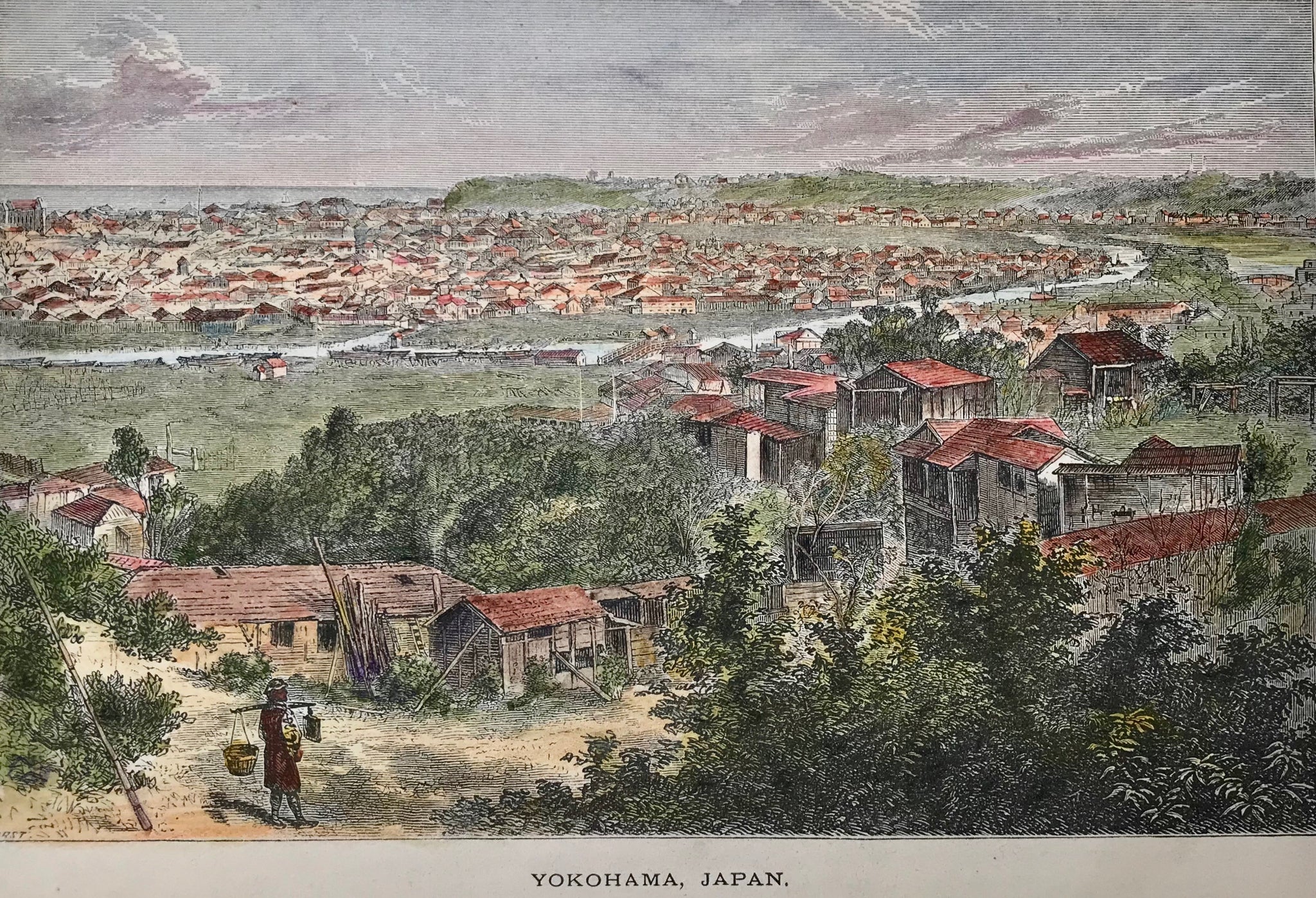 "Yokohama, Japan"  Wood engraving ca 1875. On the reverse side is an image of Japanese barbers.  Hand coloured