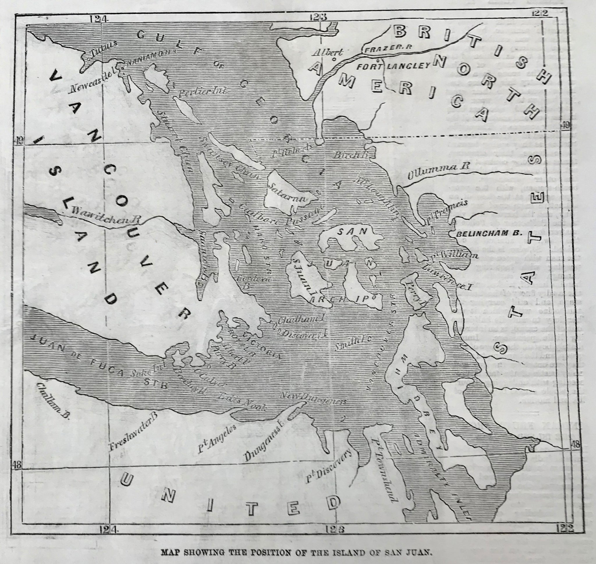 "Map Showing the Portion of San Juan Island"  Wood engraving 1859, Below the image is a long article titled " The San Juan Difficulty" which describes the occupation of the American troops and the boundary problems between the United States and Great Britain.
