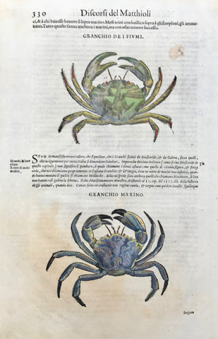 Histoire Naturelle Fig. 1. Crabe de St. Domingue. Fig.2. La Sirque. Fig. 3. Crabe a Longues Jambes. Fig. 4. Crabe Violet.  Copper etching by Benard after Martinet for "Histoire Naturelle", published 1751 in Paris. Modern hand coloring. Margin edges show light browning. Brown spot to right of upper crab. Tiny repaired tear on lower margin edge.