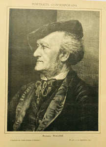"Richard Wagner"  Wood engraving dated 1891. Light age toning. Reverse side is printed.