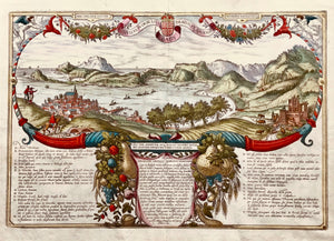 Pozzuoli, "Nullus in Orbe Locus Baiis Praelucet Amoenis". Copper etching by Georg Hoefnagel for his friend Abraham Ortelius. Published in "Civitates Orbis Terrarum" by Georg Braun and Franz Hogenberg. Marvelous original coloring. Cologne, 1580.  An exceptionally shaped view of the Bay of Pozzuoli, beautifully adorned with flowers and fruit garlands. 
