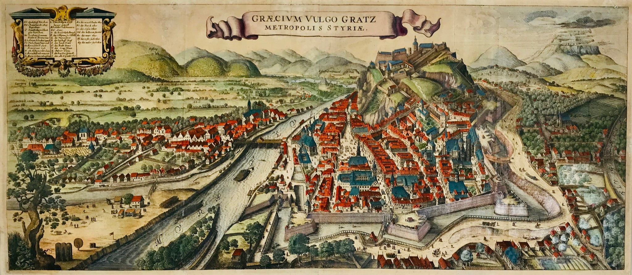 "Graecium vulgo Gratz Metropolis Styriae". City of Graz.  Copper etching by Laurenz van de Sype (died in Graz 1634). Finished after van de Sype's death by Wenzel Hollar (1607 Prague - London 1777). Original hand coloring. Published ca. 1635/40.  Amazingly beautiful general bird's eye view of Graz. Van de Sype was a Dutch architect and copper etcher, working and living in Graz. It is obvious that his etching of Graz was a pure declaration of love!