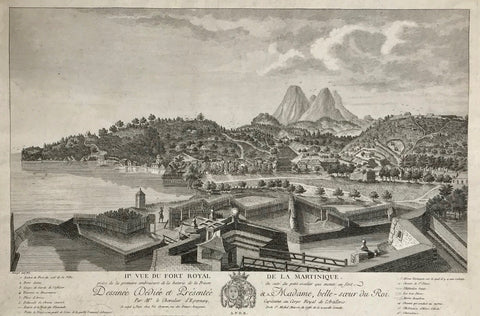 "IIe. Vue du Fort Royal de La Martinique. Dessineé Dédieé et Présenteé a Madame, belle-sÏur du Roi par Mr. le Chevalier d'Epernay, Capitaine au Corps Royal de Artillerie". Copper etching by Chez Née, the publishing house of François Denis Née (ca 1740-1817) in Paris, rue des Francs-bourgeois. This print was published ca 1780.