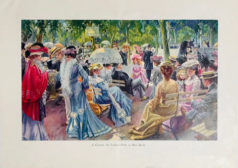 "E. Cucuel: Im Zentral Park zu New York"  Very lively scene in Central Park published 1903. Vertical centerfold.