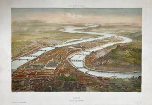 "Lyon - Vue prise de la Croix Rousse"  Hand-colored lithograph by Theodore Muller (1819-1879)  after the drawing by Alfred Guesdon (1808-1876)  An impressive bird's eye view of the City of Lyon.  Published in the series: "Voyage Aerien en France"  By Lemercier. Paris, 1849 - ca. 1860