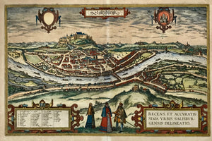 Salzburg. "Saltzburgk Recens, et Accuratissima Urbis Salisburgensis Delineatio".  Copper etching in orignial hand coloring from ãCivitates Orbis Terrarum" (Cities around the world) by Georg Braun and Franz Hogenberg. Cologne, ca. 1580.  Magnificent, large general view of this charming Austrian city.