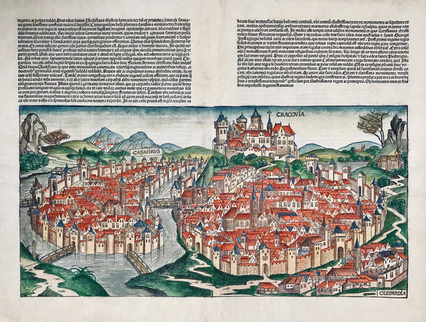 Cracow. - "Cracovia"  Hand-colored woodcut from the ãNuremberg Cronicle"  by Hartmann Schedel  Nuremberg, 1493. Latin edition  Verso half view of Lubeck and a portrait of bishop Stanislaus of Cracow.  Woodcut has one pleat crease in lower part. General age toning.  Centerfold has been repaired and is hardly visible.  Woodcut is basically in very good condition!  Image size: 25 x 50.7 cm (9.8 x 20")  Page size: 43.5 x 56.8 cm (17.1 x 22.4")    The Nuremberg Chronicle, Nuremberg 1493
