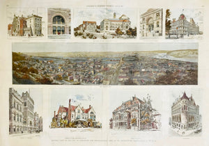 "General View of the City of Cincinnati and characteristic types of its Architecture"  Finely hand-colored wood engraving after the photograph of J.W. Taylor (1846-1918)  In the center: a general view from the hill.  Above from left: Lincoln Club - Doorway of court house - Art School on left, Art Museum on right - Entrance to Art Museum -  Post-Office and Government Building  Below from left: Chamber of Commerce - Residence of Mr. Alexander McDonald -  Queen City Club - Court-House.