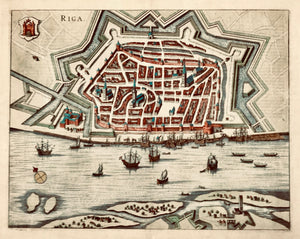 "Riga".  Hand-colored copper etching. Published in "Theatrum Praecipuarum Urbium, Postarum Ad Septentrionalem Europae Plagam" by Janssonius. Amsterdam, 1657. RARE!  A large, very detailed bird's eye view of the Latvian capital with a lively ship staffage.