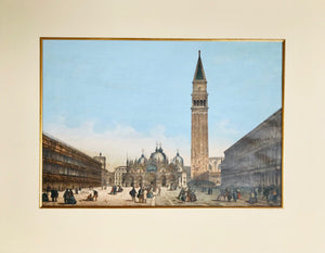 Venice. No title. St. Marc's Square.  Anonymous, originally hand-colored lithograph of St. Marc's Cathedral and the square in front of it.  Beautiful, folio-size view of this famous Venetian plaza.  Wide margins. Spotting - only to be detected from rear. a few repaired tears in margins, well away from image. Otherwise in very presentable condition. Photographed with a passpartout.