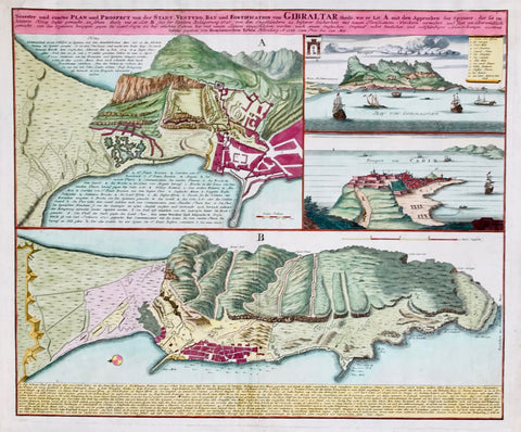 "Neuster und exacter Plan und Prospect von der Stadt Vestung Bay und Fortification von Gibraltar........"  Copper etching by Homann Heirs, ca 1750. Original hand coloring.  In the upper left is a detailed plan of Gibraltar with a key to the various locations. In the upper right is a more distant view of Gibraltar with key to the locations shown. 