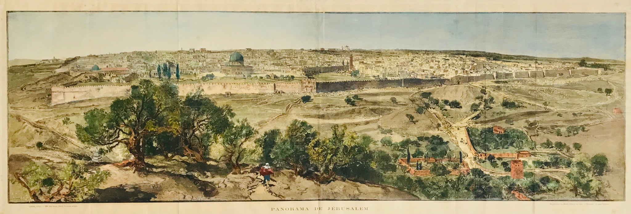 "Panorama de Jerusalem"  Hand colored wood engraving by Beltrand, Dete and Florian after the painting by Auguste Lepere (1849 - 1918). Published in ãLe Monde Illustre, Paris, ca. 1890.  This oversized panorama of the Holy City is a superb general view. Lepere was noted for his excellent rendering architecture.  General age toning. Engraving has several vertical folds to fit book size. Very nice condition!
