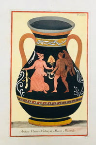 "Antica Vasis Nolaw, in Museo Mastrillo"  Image: 27.5 x 15 cm ( 10.8 x 5.9 " ) Page size: 36 x 26 cm ( 14.1 x 10.2 ")  Small light brown spot in right title.  ETRUSCAN VASES  in fine modern hand coloring from  "PICTURAE ETRUSCORUM IN VASCULIS  nunc primum in unum collectae  explicationibus, et dissertationibus illustratae  a Joh. Baptista Passerio Nob. Pisaur.  This collection was published in Rome in the years 1767 - 1775