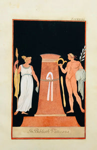    "In biblioth. Vaticana"  Image size: 28 x 17.5 cm ( 10 x 6.9 ") Wide margins.  ETRUSCAN VASES  in fine modern hand coloring from  "PICTURAE ETRUSCORUM IN VASCULIS  nunc primum in unum collectae  explicationibus, et dissertationibus illustratae  a Joh. Baptista Passerio Nob. Pisaur.  This collection was published in Rome in the years 1767 - 1775