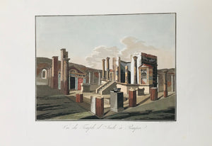 Vue du Temple d'Iside à Pompeii  Aquatint engraved by Paul Fumagalli from 1821-1825  These prints with their velvety aquatint appearance were made to delight our hearts. They portrait, like no others, the elegance of architecture and the luxurious lifestyle of the citizens of the ancient city - until the nearby Vesuvius put an end to it all in a devestating rain of volcanic ashes.