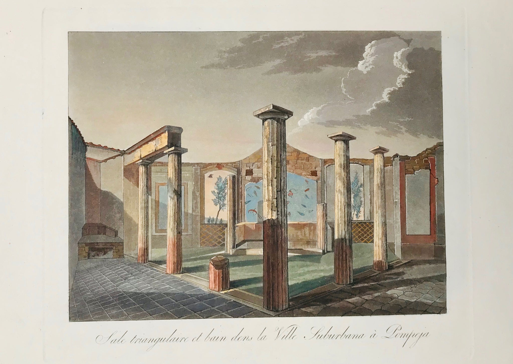 Sale triangulaire et bain dens la Ville Suburbana à Pompeji  21.6 x 28 cm ( 8.5 x 11 ")    Aquatints engraved by Paul Fumagalli from 1821-1825  These prints with their velvety aquatint appearance were made to delight our hearts. They portrait, like no others, the elegance of architecture and the luxurious lifestyle of the citizens of the ancient city - until the nearby Vesuvius put an end to it all in a devestating rain of volcanic ashes.