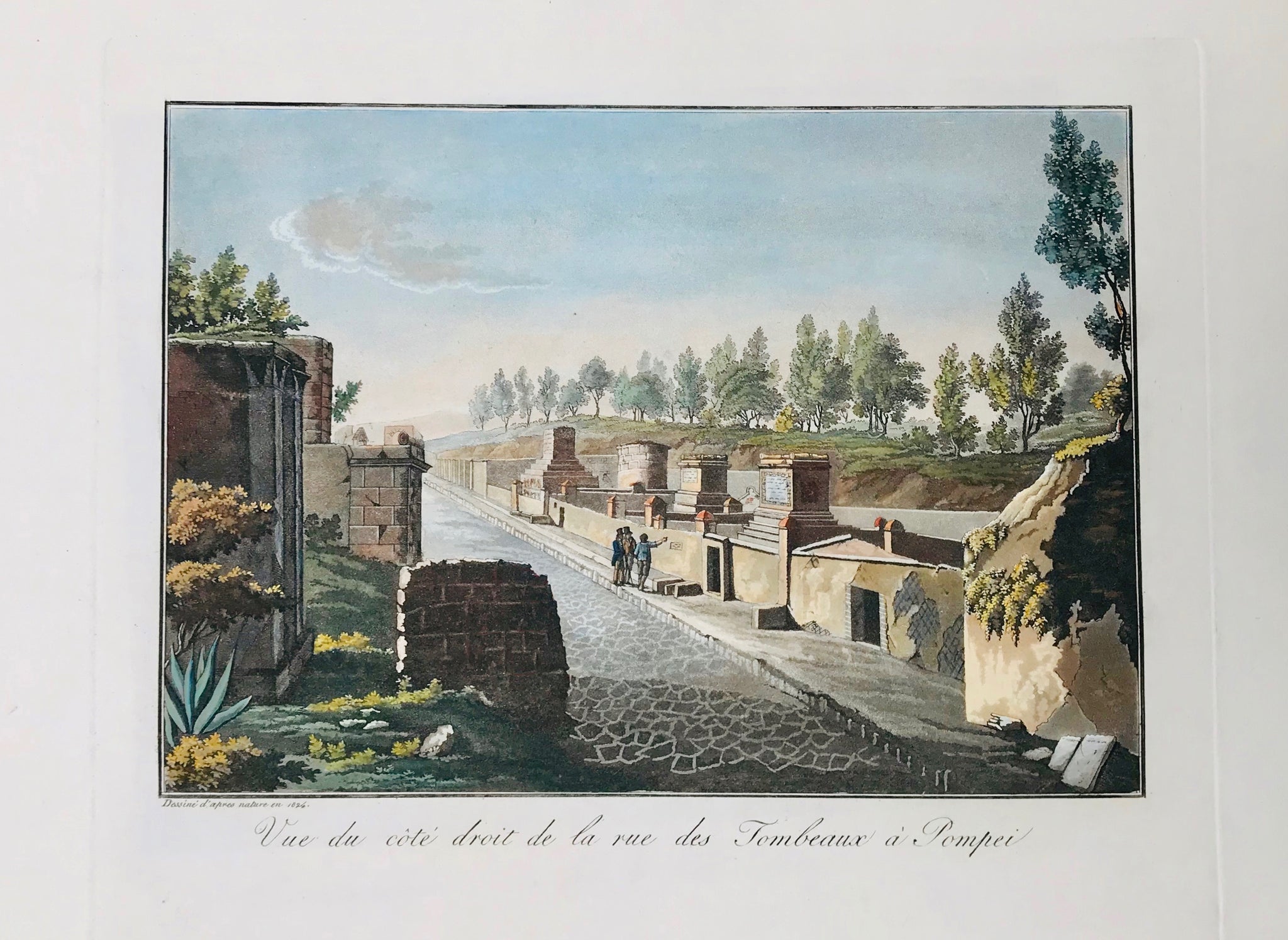 Vue du côte droit de la Rue des Tombeaux à Pompeii  19.3 x 28 cm ( 7.6 x 11 ")    Aquatints engraved by Paul Fumagalli from 1821-1825  These prints with their velvety aquatint appearance were made to delight our hearts. They portrait, like no others, the elegance of architecture and the luxurious lifestyle of the citizens of the ancient city - until the nearby Vesuvius put an end to it all in a devestating rain of volcanic ashes.