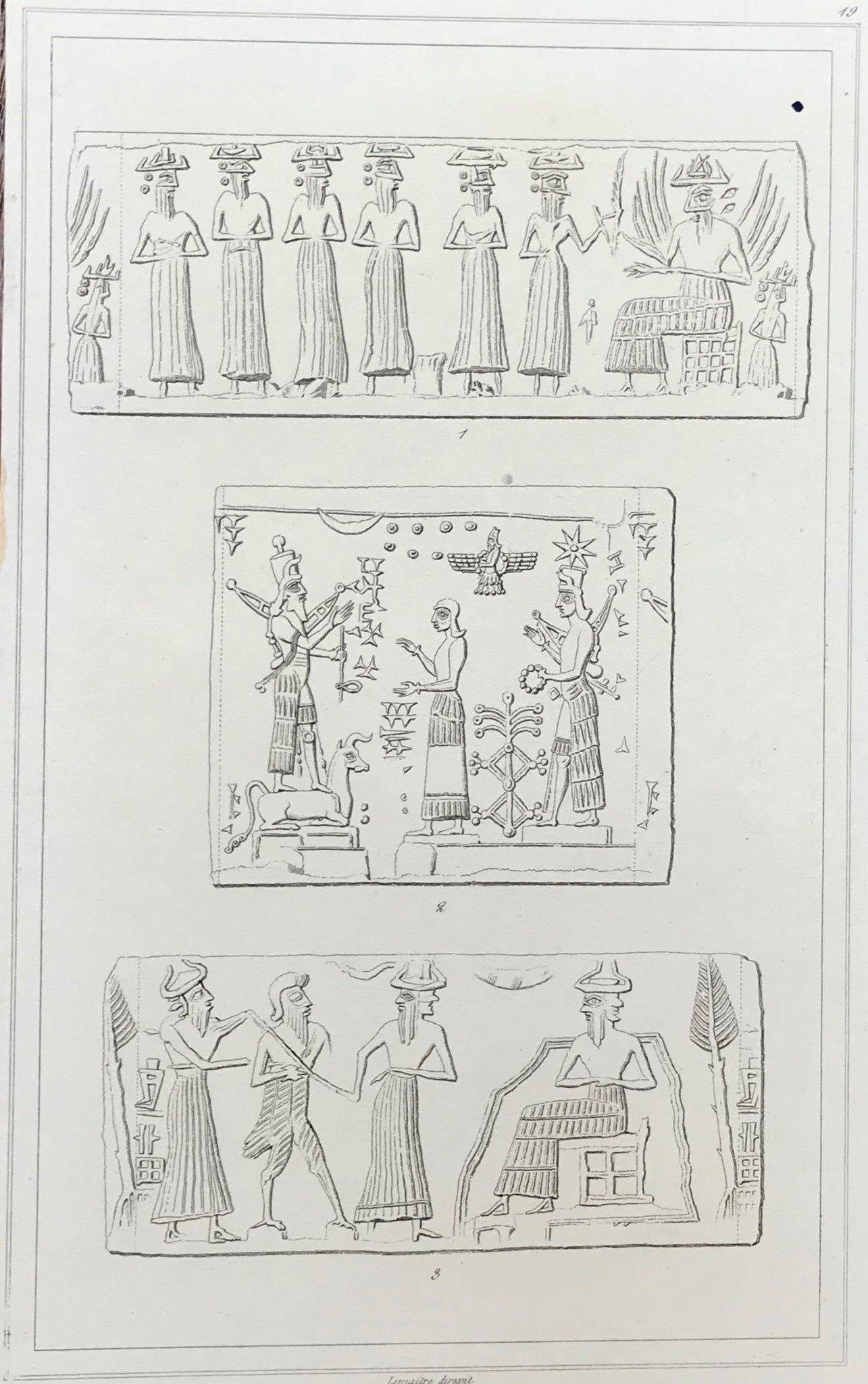 Archeology, Babylonie Cylindres Babyloniens  Steel engraving from Lemaitre ca 1845.