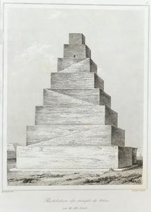 Archeology, Babylonie Restitution du temple de Belus  Steel engraving by Lemaitre after Alb. Lensoir ca 1845. Left margin is narrow.