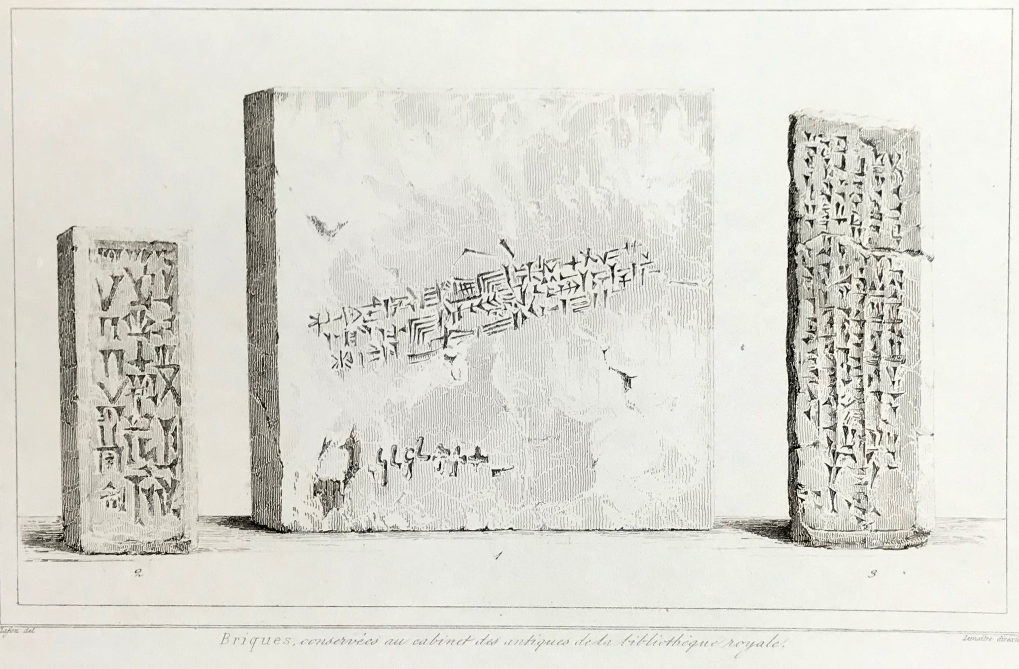"Briques, conservees au cabinet des antiques de la biblioteque royale."  Steel engraving by Lemaitre ca 1845. Upper margin is narrow.
