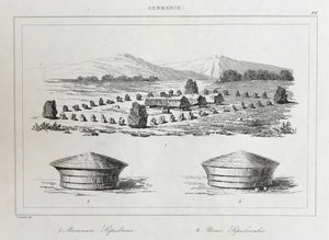 Archeology, "Germanie" "1. Anciennes Sepultures. 2. Urnes Sepulorales."  Steel engraving ca 1845.