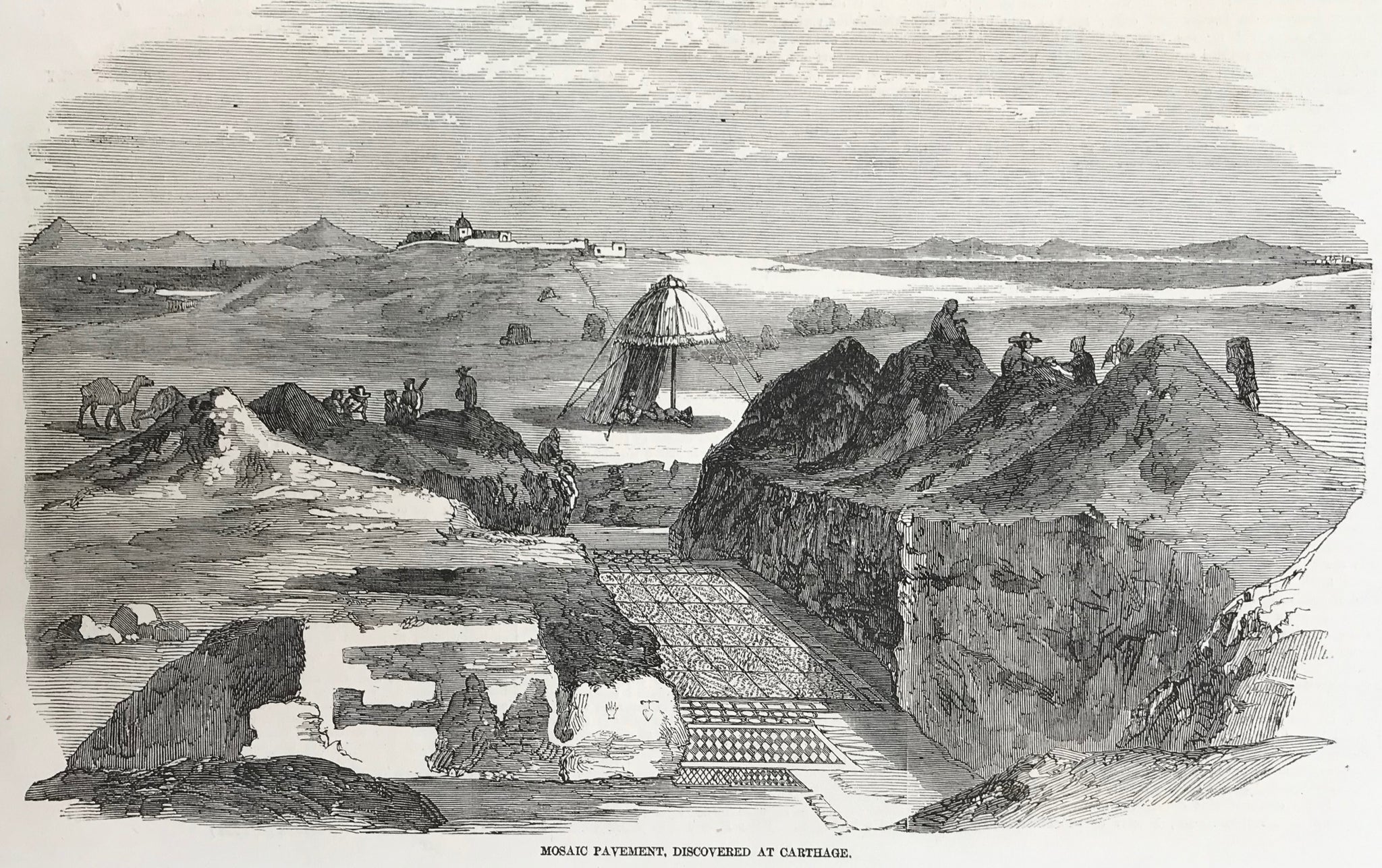 Archeology, "Mosaic Pavement, Discovered at Carthage."  Wood engraving, 1858. Reverse side is printed. Narrow upper margin.