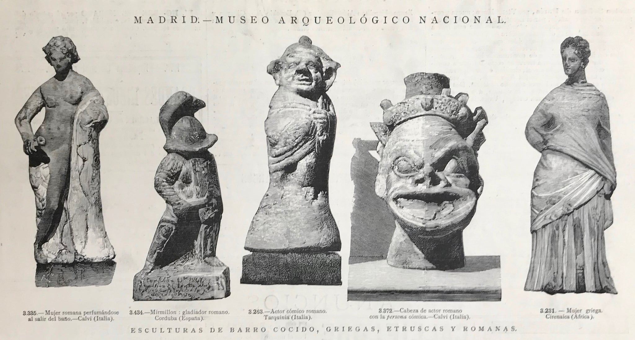 Archeology, "Madrid - Museo Archeologico Nacional" "Esculturas de Barro cocido, Griegas, Etruscas y Romanas"  Wood engraving 1884.