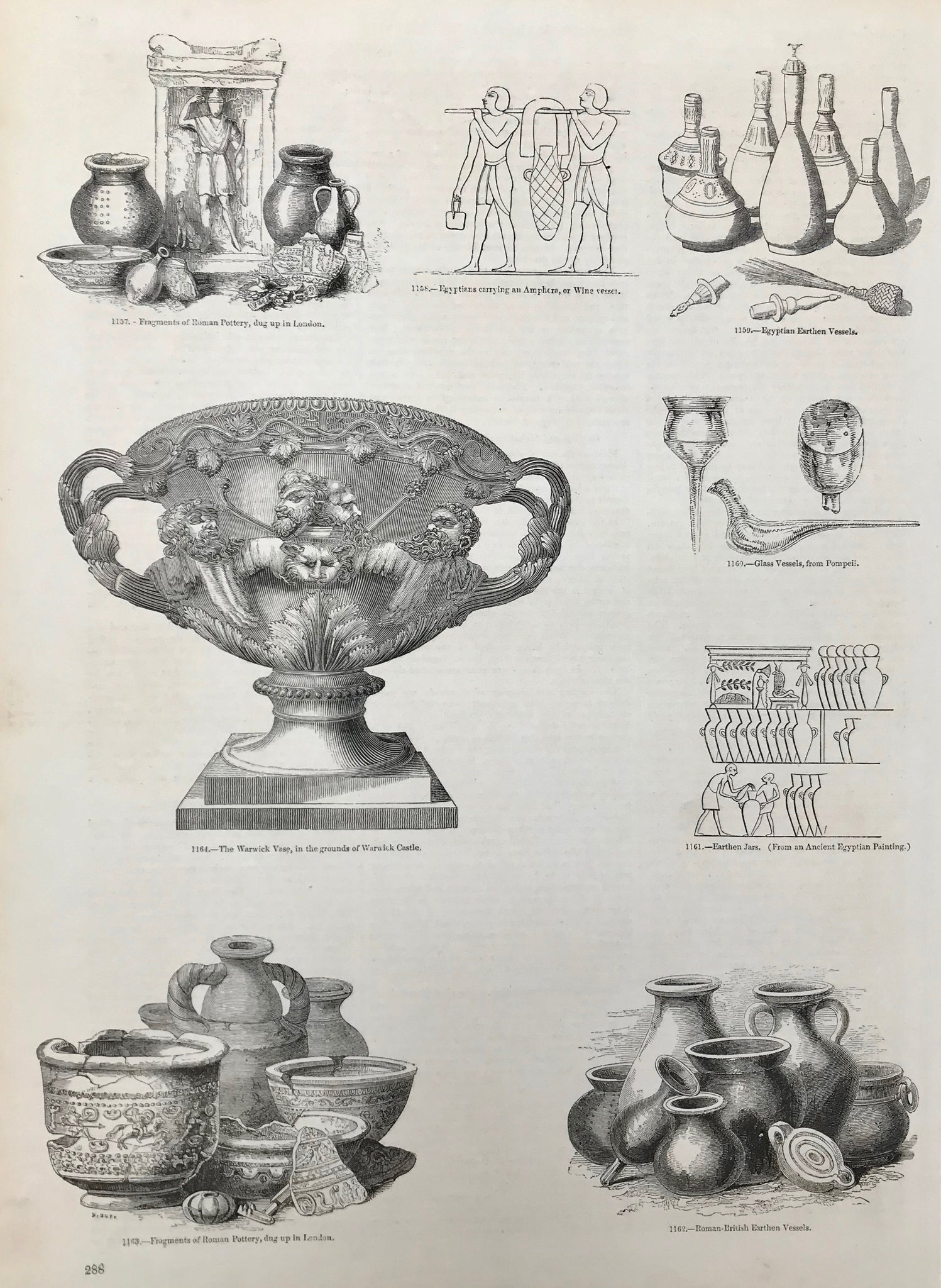 Center: The Warwick Vase, in the grounds of Warwick Castle. Roman pottery.  Wood engravings ca 1875. Backside is printed.Light browning on margin edges.