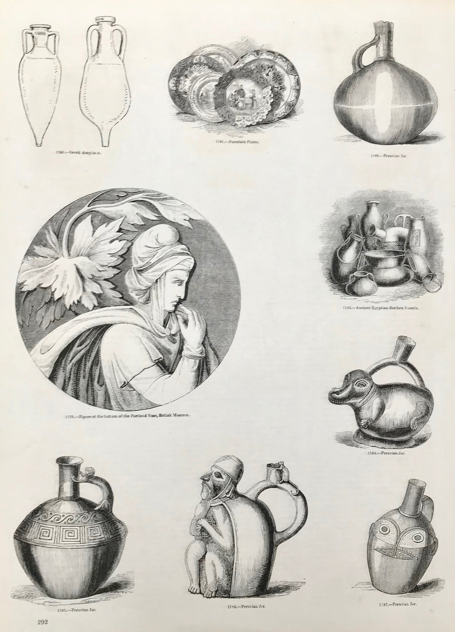 Center: Figure at the bottom of the Portland Vase, British Museum. Peruvian and Eygptian vessels.  Wood engravings ca 1875. Backside is printed. Minor spots in margins.