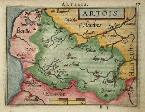 "Artois". Copper etching in modern coloring from the pocket atlas by A. Ortelius. Antwerp, ca 1580.  In the center of the map is Pernes and St. Paul with Arras towards the lower right. In the upper left is Calais and in the lower right Chambray. Text on backside in French about Namur.