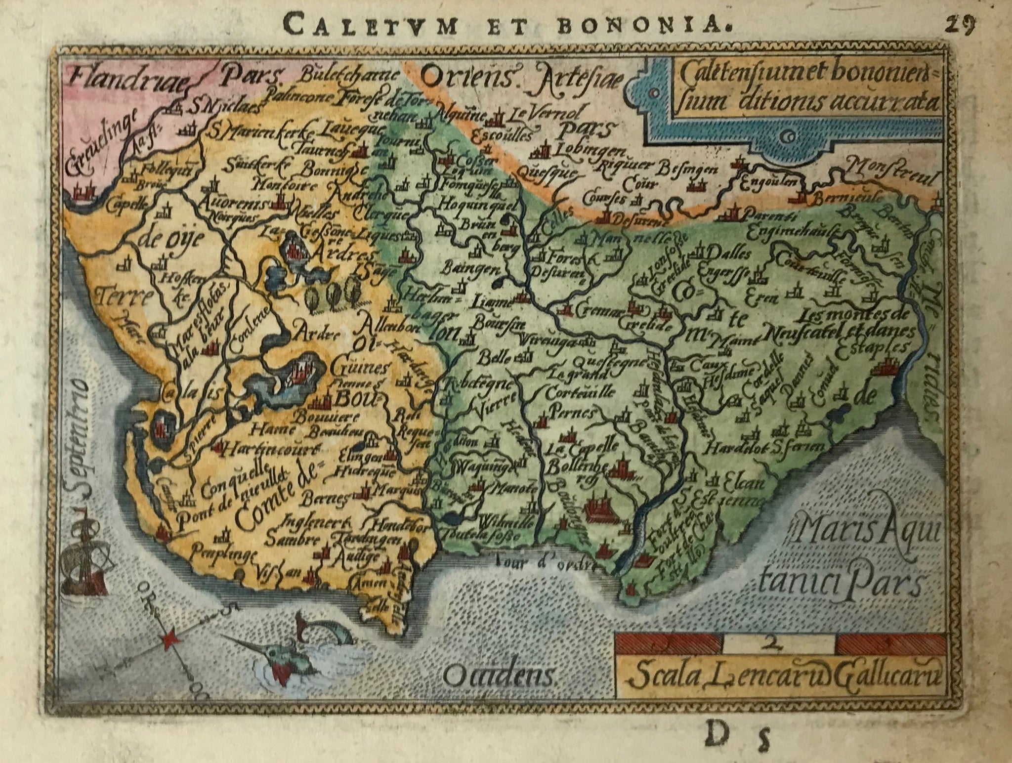 "Caletum et Bononia". Copper etching in modern coloring from the pocket atlas by A. Ortelius. Antwerp, ca 1580.  This map is east oriented. (East is at the top, north on the left side.) In the upper left is a bit of Flanders. Near the decorative sailing vessel in the lower left is Calais. At the top of the map is La Vernol and Lobingen. On the backside is text in French about the region of Vermandois.