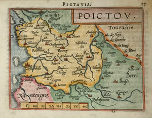 France, map, "Poictou". Copper etching in modern coloring from the pocket atlas by A. Ortelius. Antwerp, ca 1580.  In the upper left is Nantes and a bit of Normandy. On the left side jalf-way down is La Rochelle and in the lower right is the region of Berri. Text on backside about Bretagne.