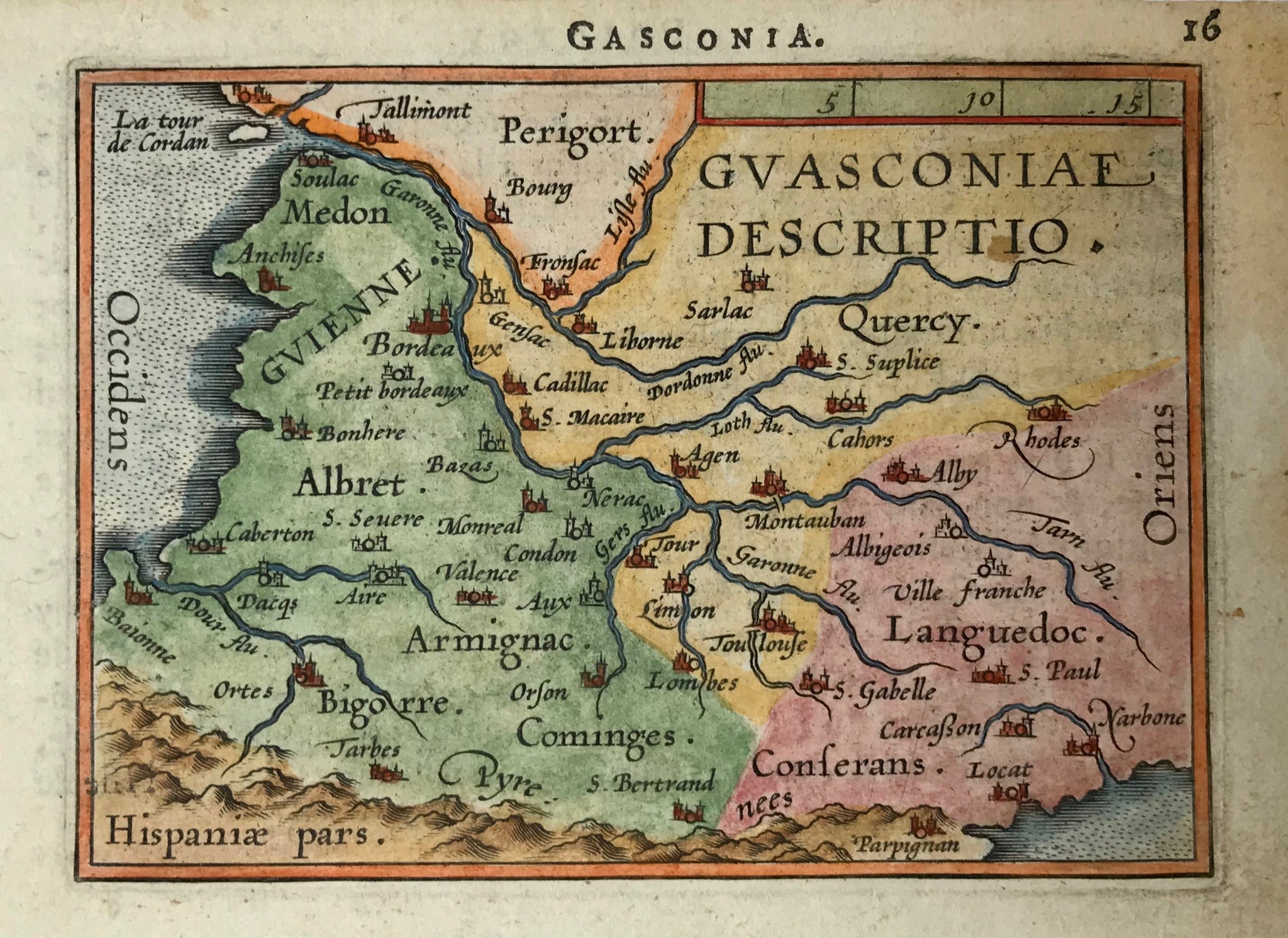 France, "Gasconia". Copper etching in modern coloring from the pocket atlas by A. Ortelius. Antwerp, ca 1580.  Map shows the region of southwestern France with Tour and Agen in the center. In the lower right is a bit of the Mediterranean. In the upper right is a bit of the region of Quercy. In the upper left is a bit of the Perigord region. On the backside is text about Poictou.