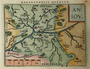 "Aniou" (Angers) Copper etching in modern coloring from the pocket atlas by A. Ortelius. Antwerp, ca 1580.  Map centered around Angers on the Loire River. 