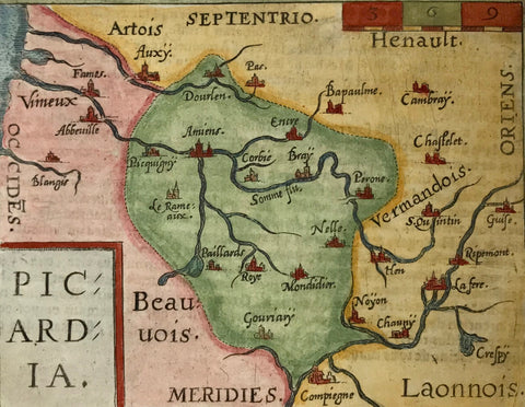"Picardia" Copper etching in modern coloring from the pocket atlas by A. Ortelius. Antwerp, ca 1580.  In the upper right is Chambry and near the center is Amiens. On the backside is text (in French) about Germany.