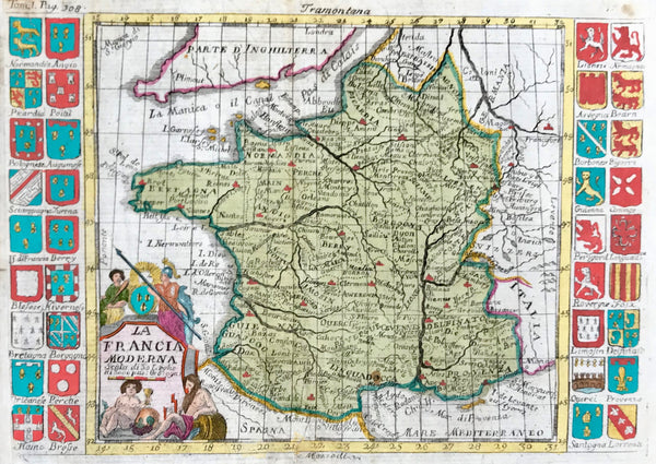 "La Francia Moderna...." Copper engraving from an Italian source, ca 1720. Modern hand coloring.  The coats-of-arms on both sides of this French map catch our eye at once. They represent the various regions of France. The map shows the old regions of France as well as the major towns and cities of the time.