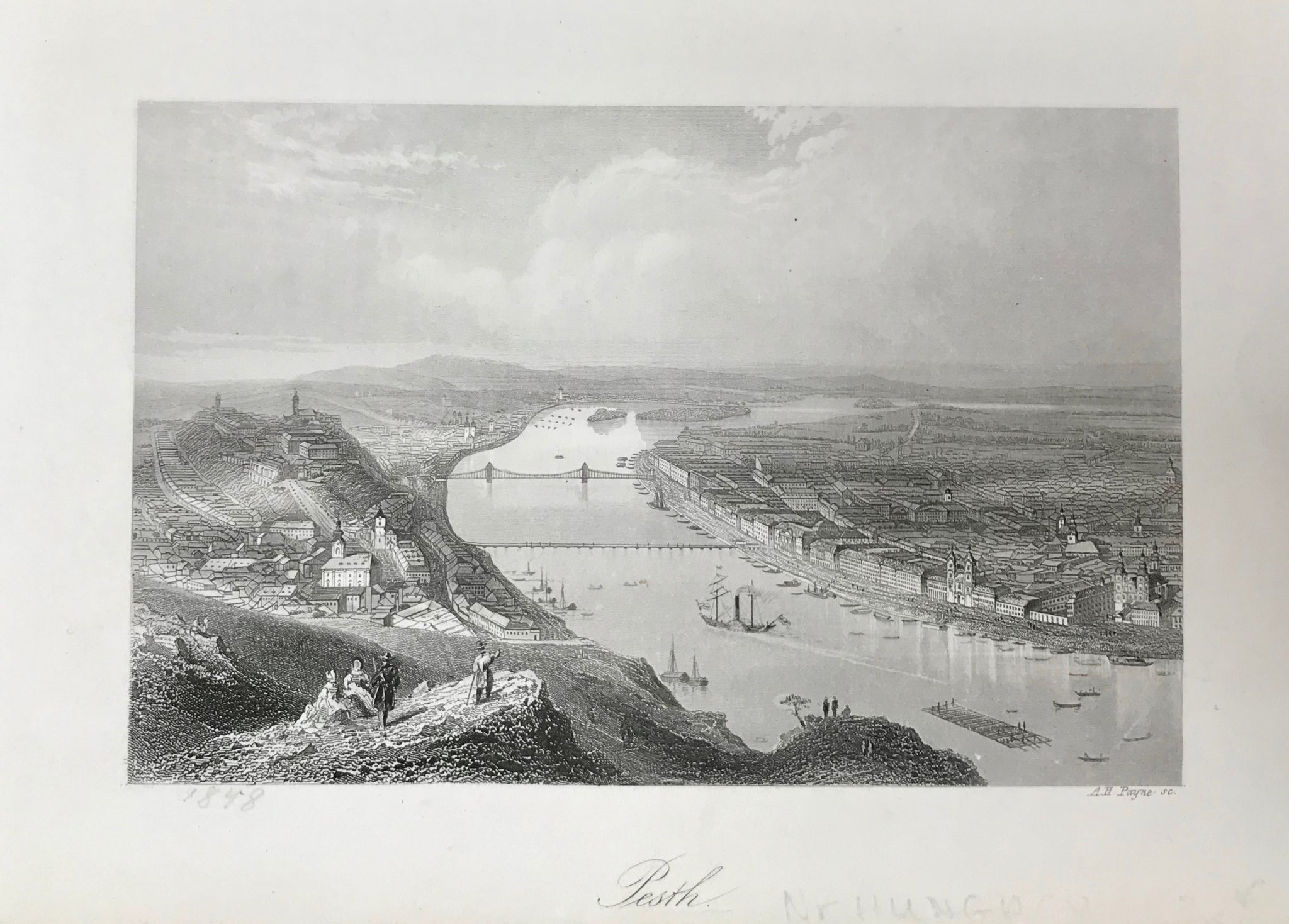 Hungary, Pesth  Steel engraving by A.H. Payne, 1848.
